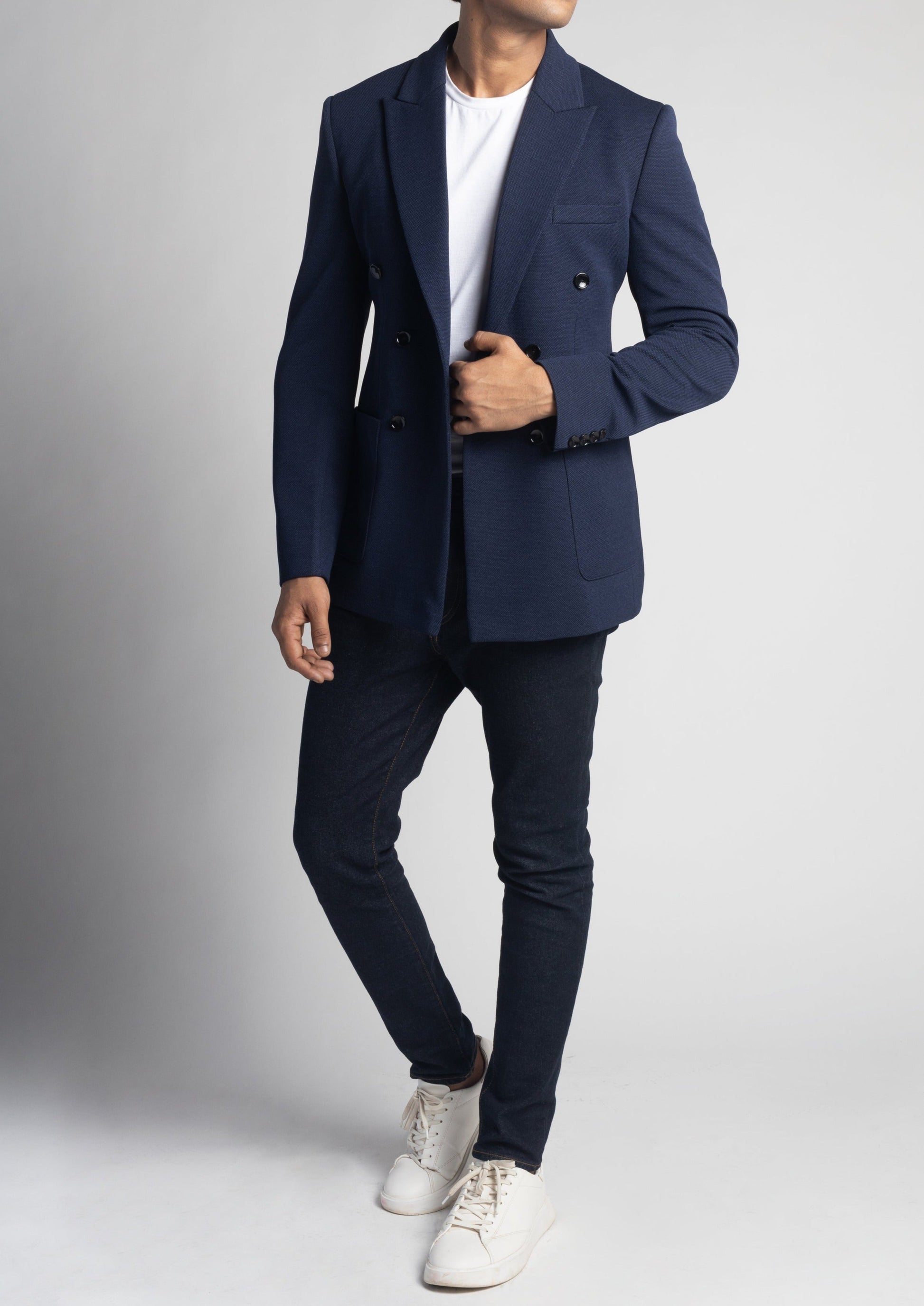 Navy Pique Slim Fit Double Breasted Blazer