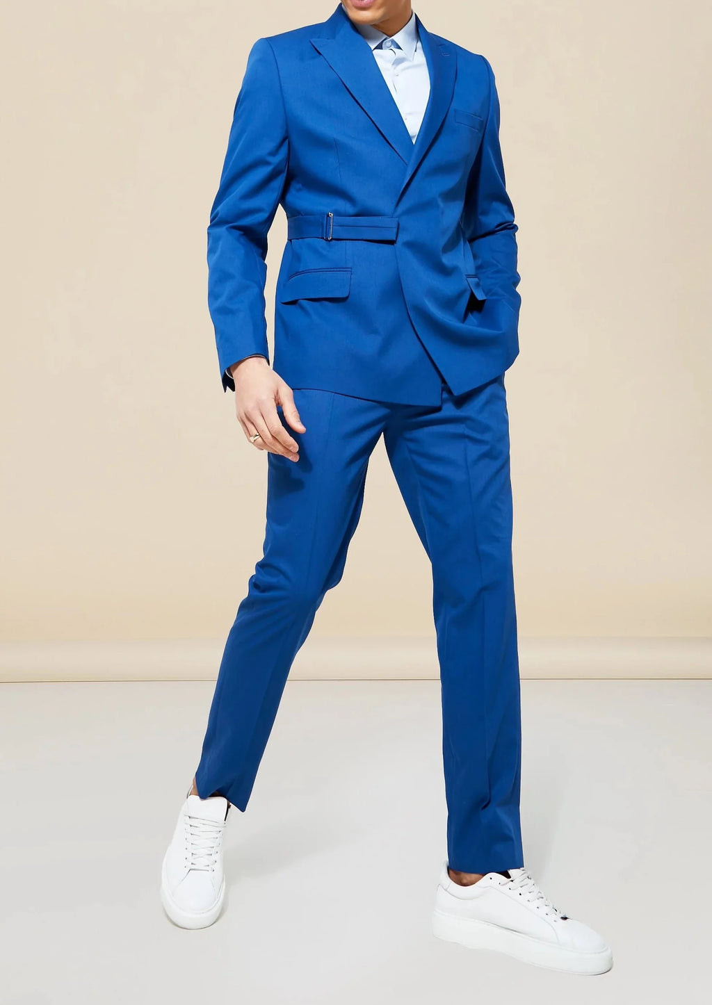 Slim Fit Royal Blue Double Breasted Belted Suit Blazer