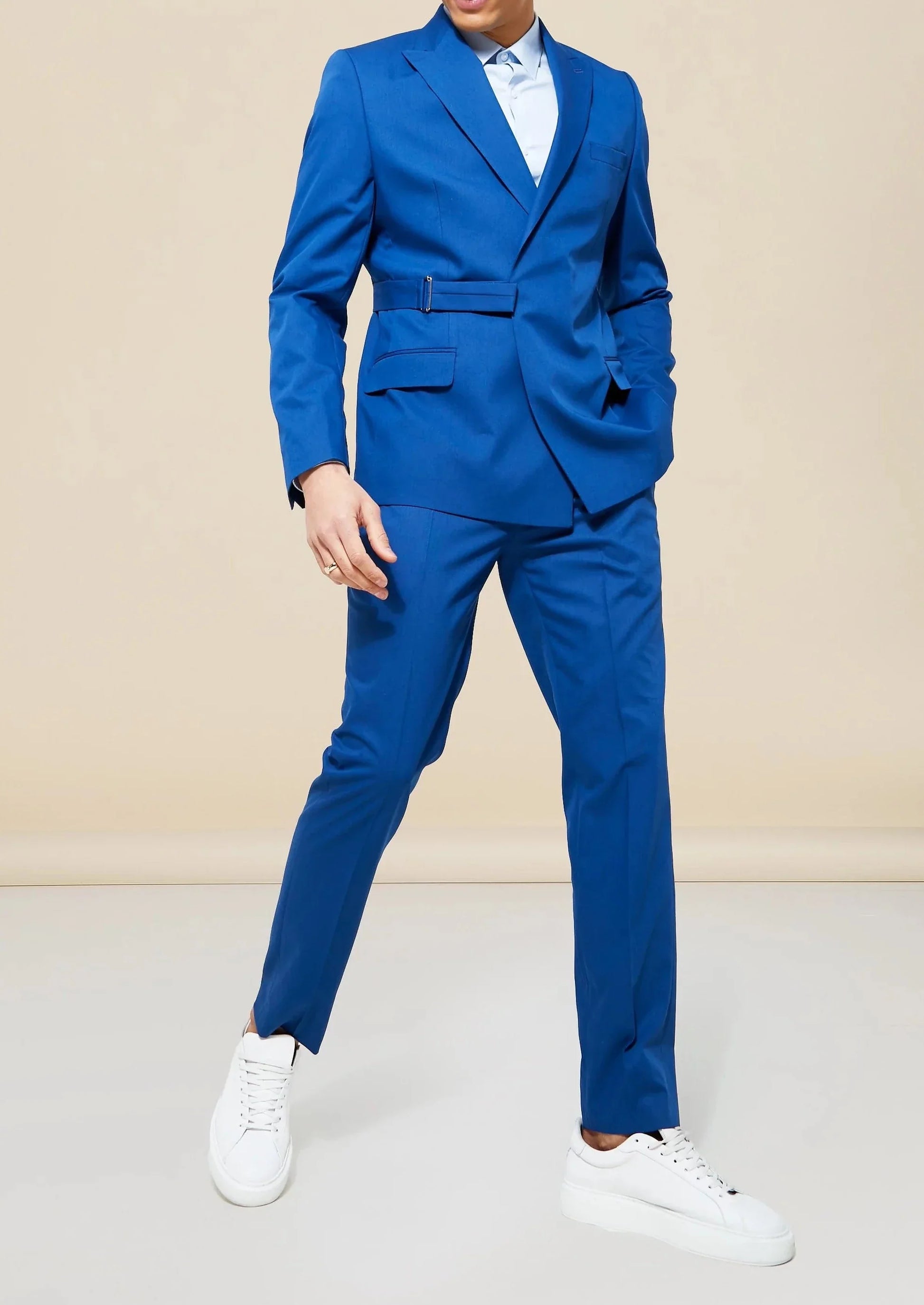 Slim Fit Royal Blue Double Breasted Belted Suit Blazer