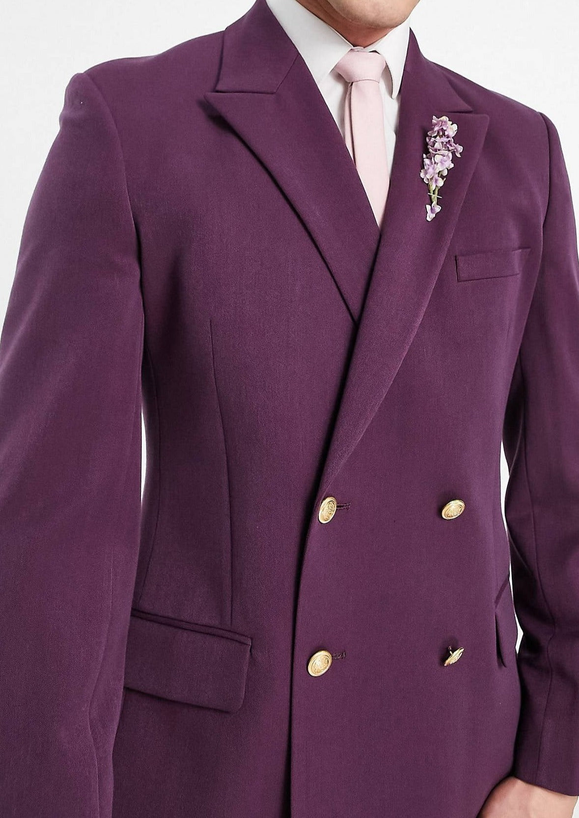 Purple Double Breasted Blazer in Slim Fit with Gold Buttons