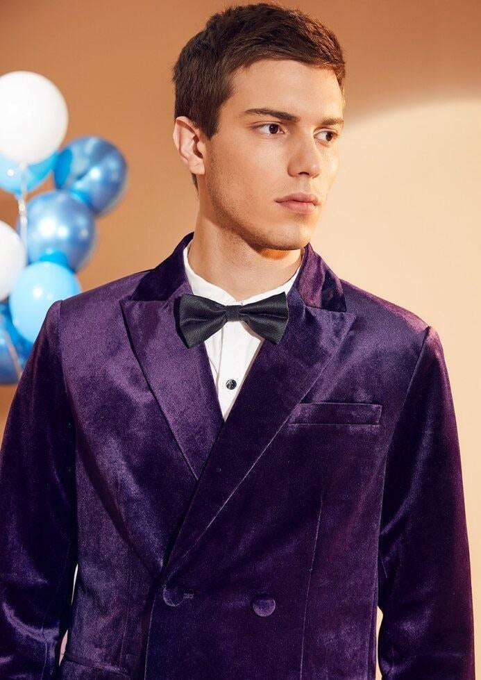 Purple Double Breasted Blazer in Velvet