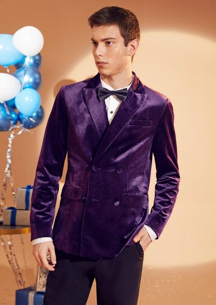 Purple Double Breasted Blazer in Velvet