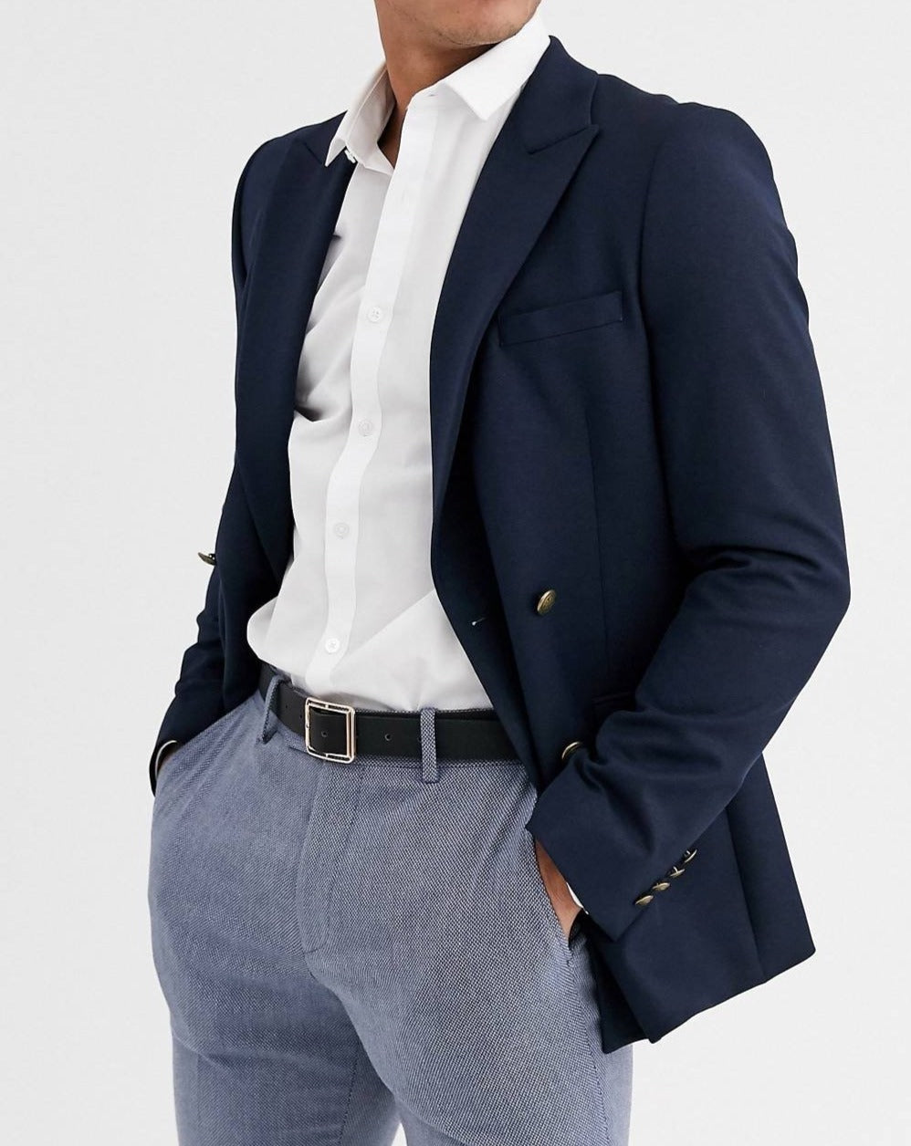 Navy skinny double breasted blazer with gold button in navy