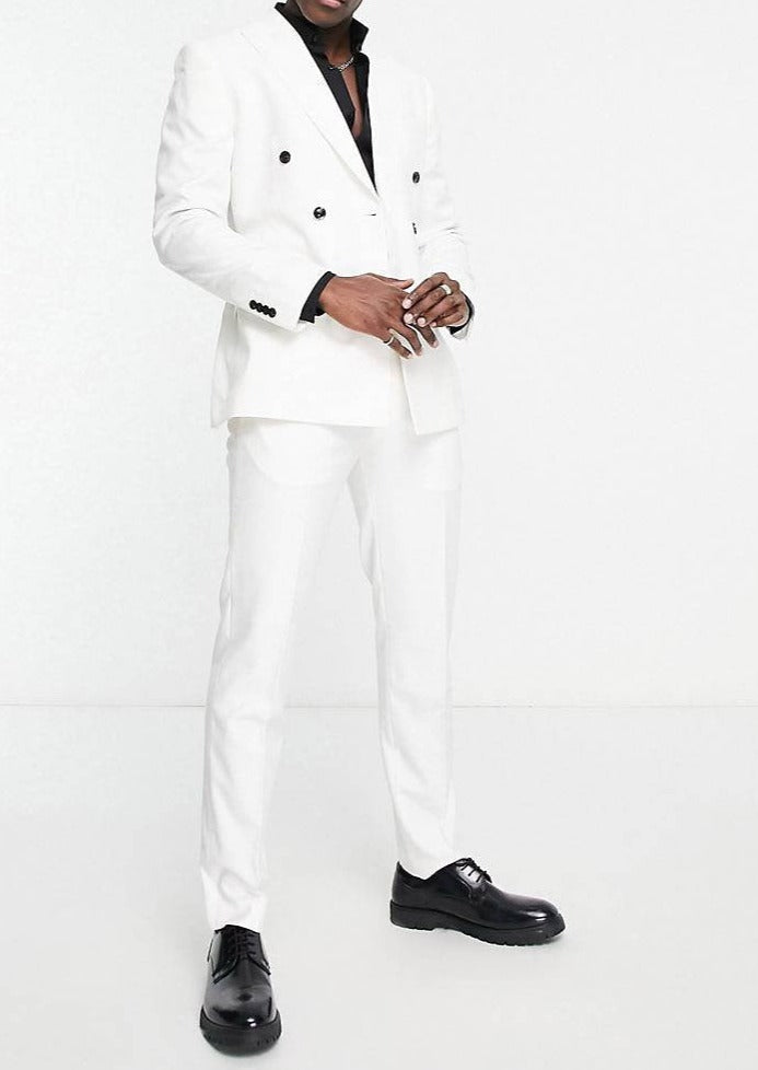 Slim White Double Breasted Suit With Black Buttons