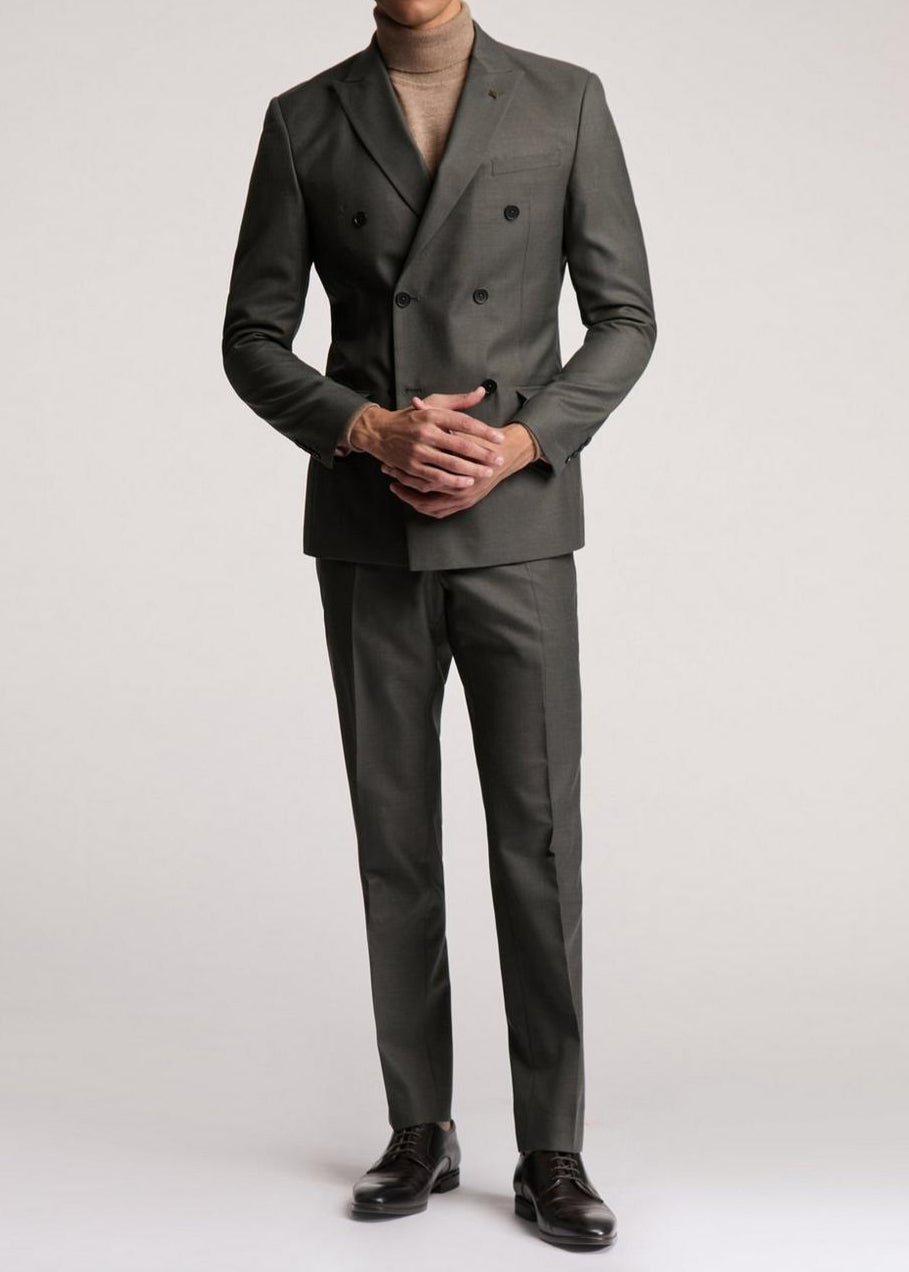 Double Breasted Slim Fit Khaki Blazer Suit